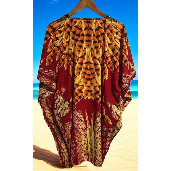 Jovie Kaftan Beach Cover-Up One Size Tunic Boho Resort Wear Red Orange Yellow - Picture 2 of 3